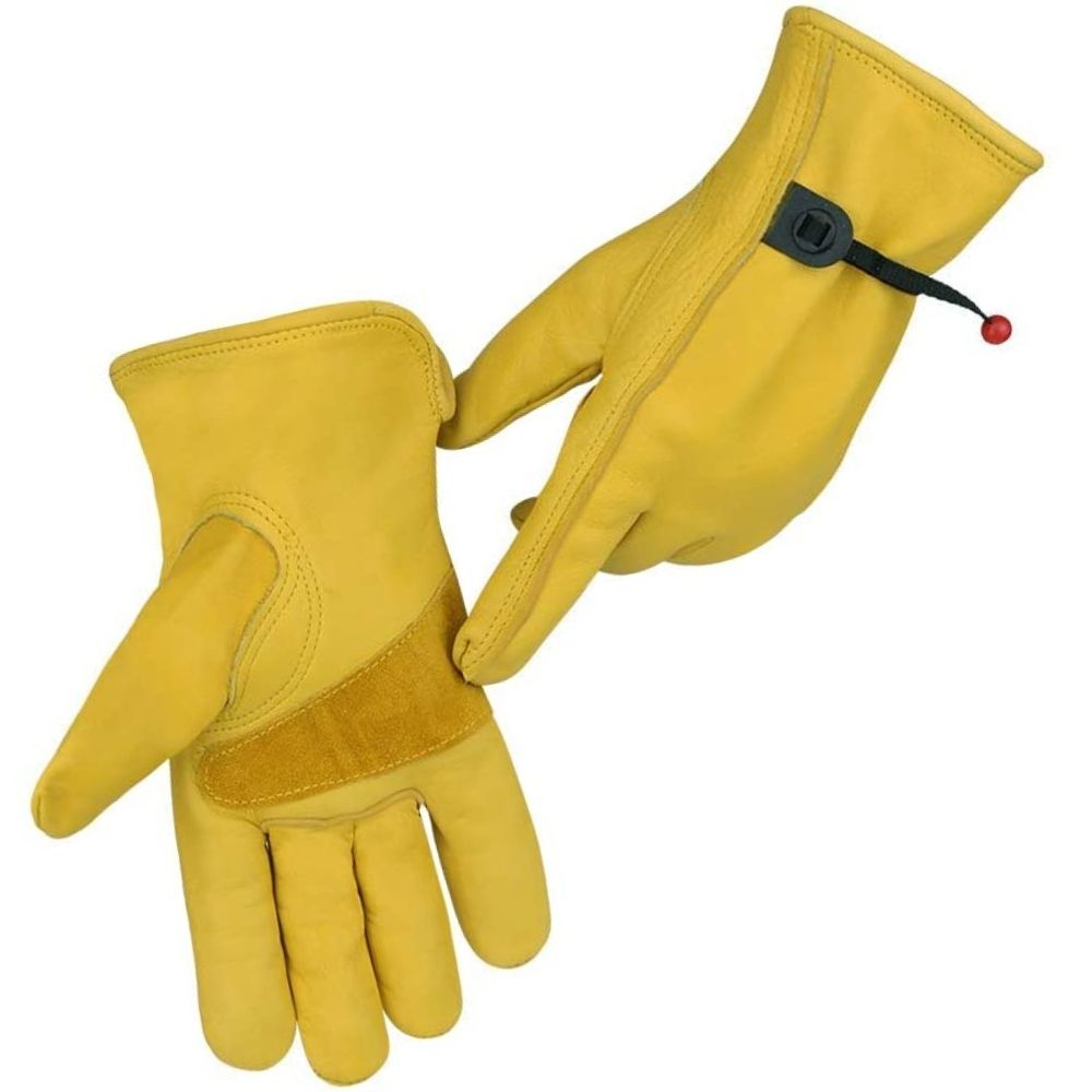 Golden tan leather cowboy gloves with a reinforced palm and wrist cord